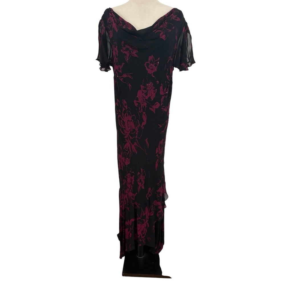 Vtg 90s Eva Blue Plus Dress Floral Black Burgundy 16W Cowl Neck Bias Cut‎ Beaded